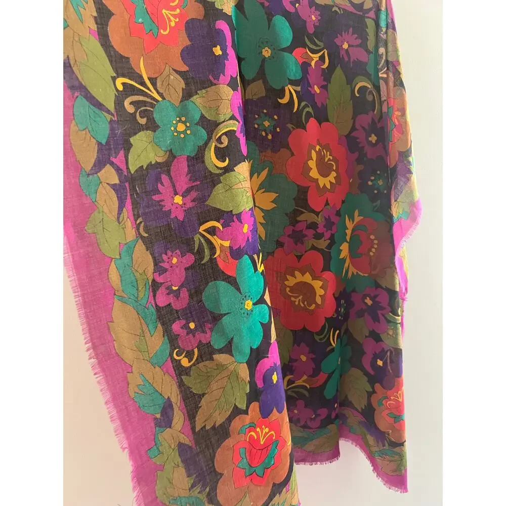 Vintage Retro Wmn's Lightweight Wool Square Scarf Artsy Pink Green 34
